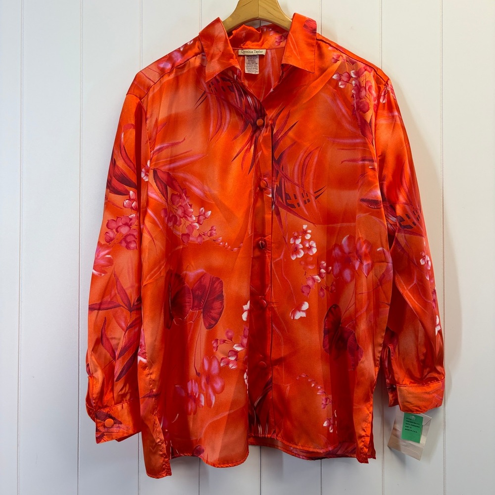 Vintage Cynthia Taylor Tropical Floral Satin Button Down Shirt Women Size 1X USA
